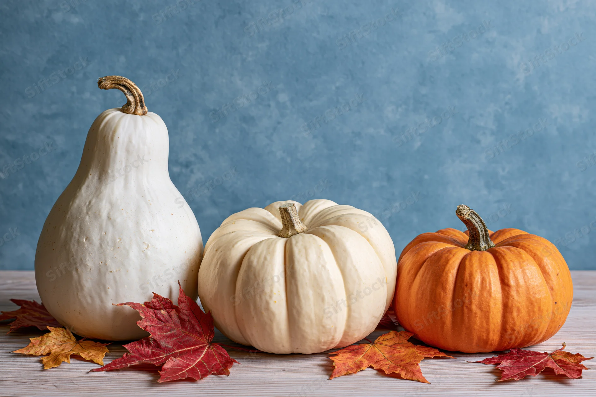 Three pumpkins and squash arranged in a row with autumn leaves on a wooden surface
