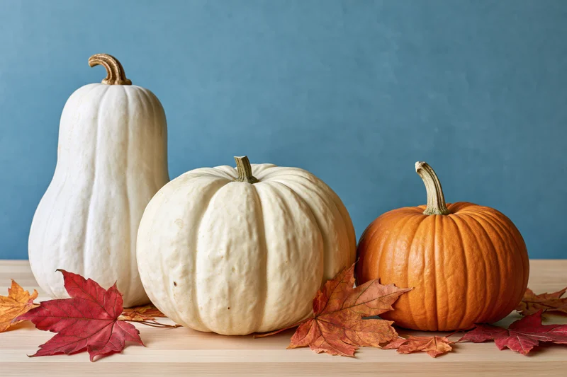 Three pumpkins of different colors arranged in a row on a wooden surface with autumn leaves scattered around