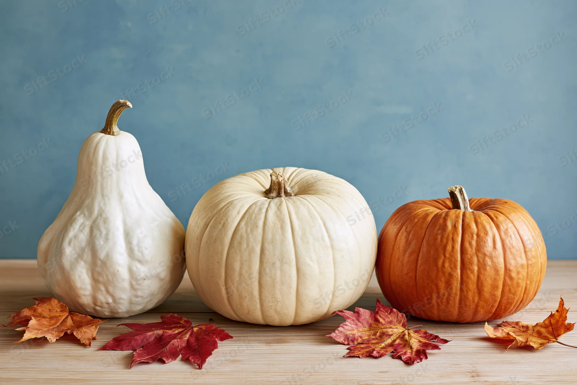 Three pumpkins of different colors arranged in a row on a wooden surface with autumn leaves scattered around