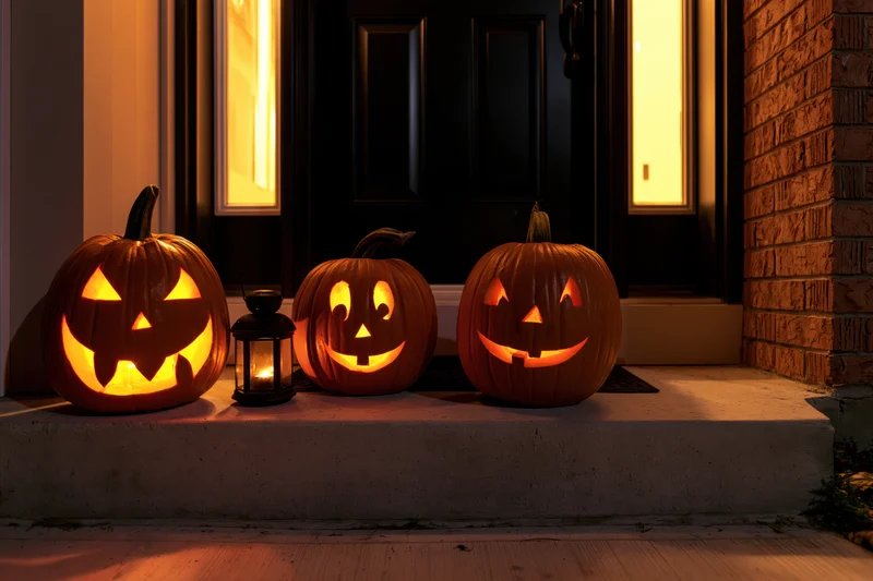 Three carved jack-o-lanterns glowing on a porch steps in front of a house door at night
