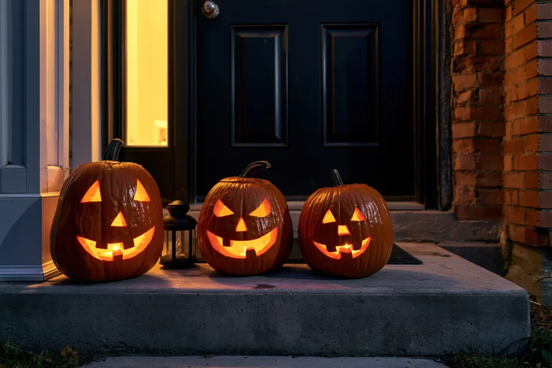 Three carved jack-o-lanterns glowing on a front porch steps at night