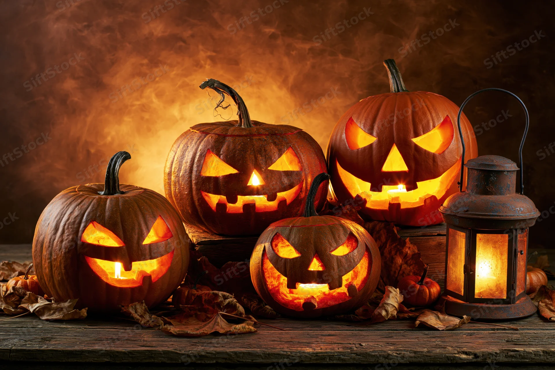 Four carved pumpkins glowing with candles on a wooden table beside a lantern, surrounded by autumn leaves and smoke
