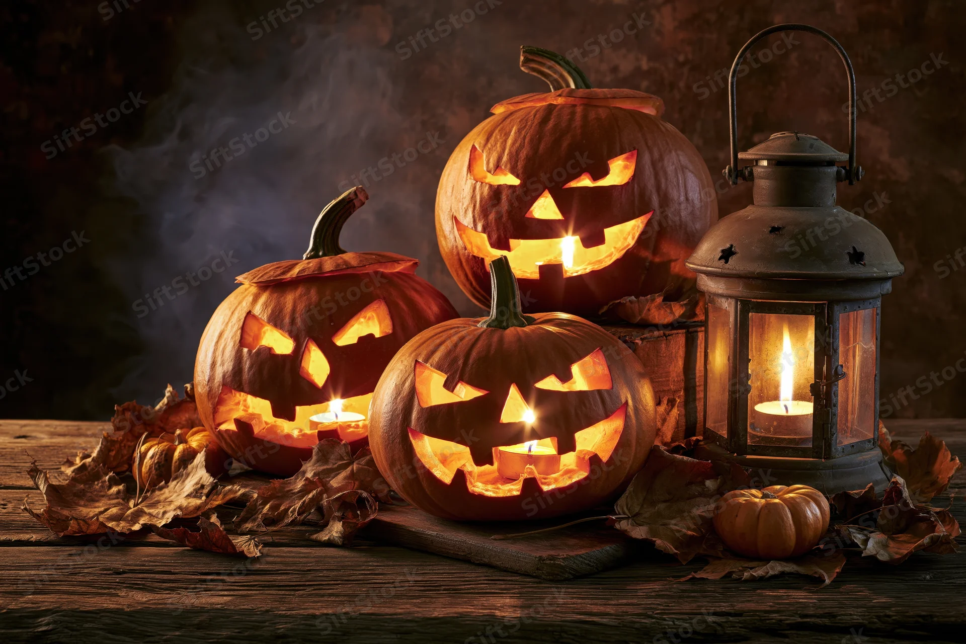 Three carved jack-o-lanterns glowing with candles on a wooden table surrounded by autumn leaves and a vintage lantern