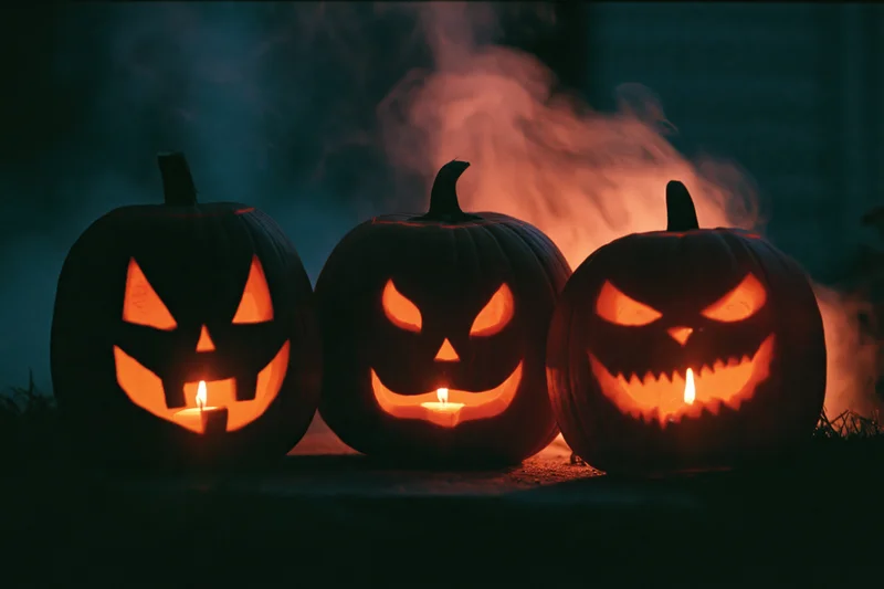 Three carved jack-o-lanterns glowing with candles in the dark outdoors at night