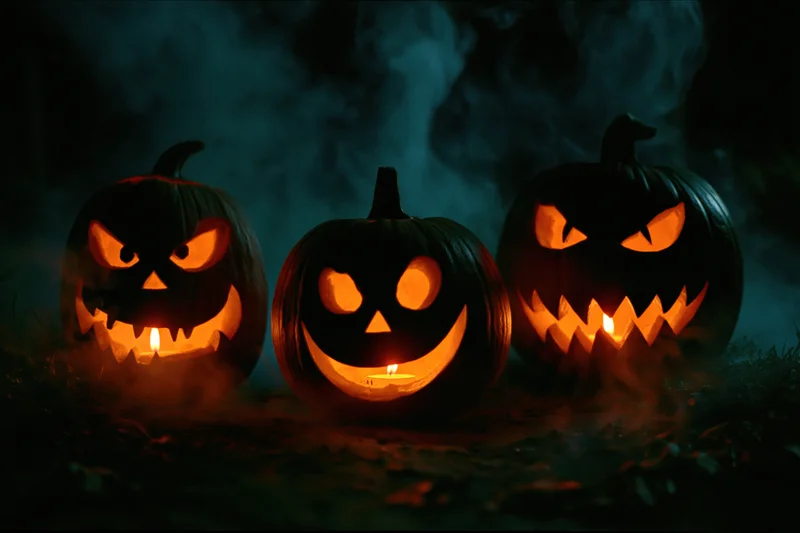 Three carved jack-o-lanterns glowing with candles in a smoky dark outdoor setting