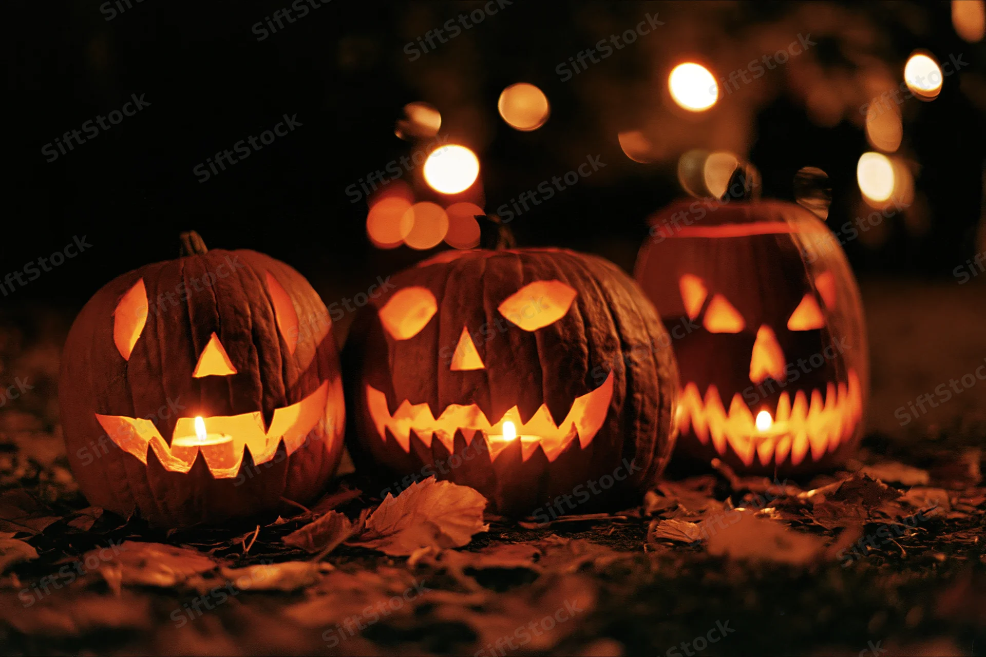Three carved jack-o-lanterns glowing with candles on a leaf-covered ground at night