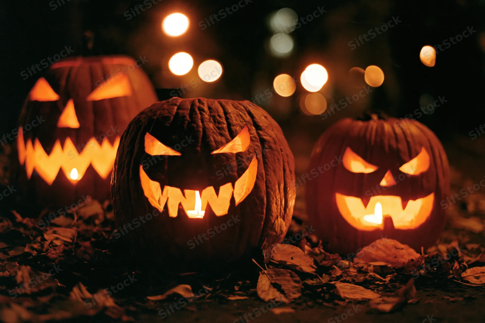 Three carved jack-o-lanterns glowing with candles on a leaf-covered ground at night
