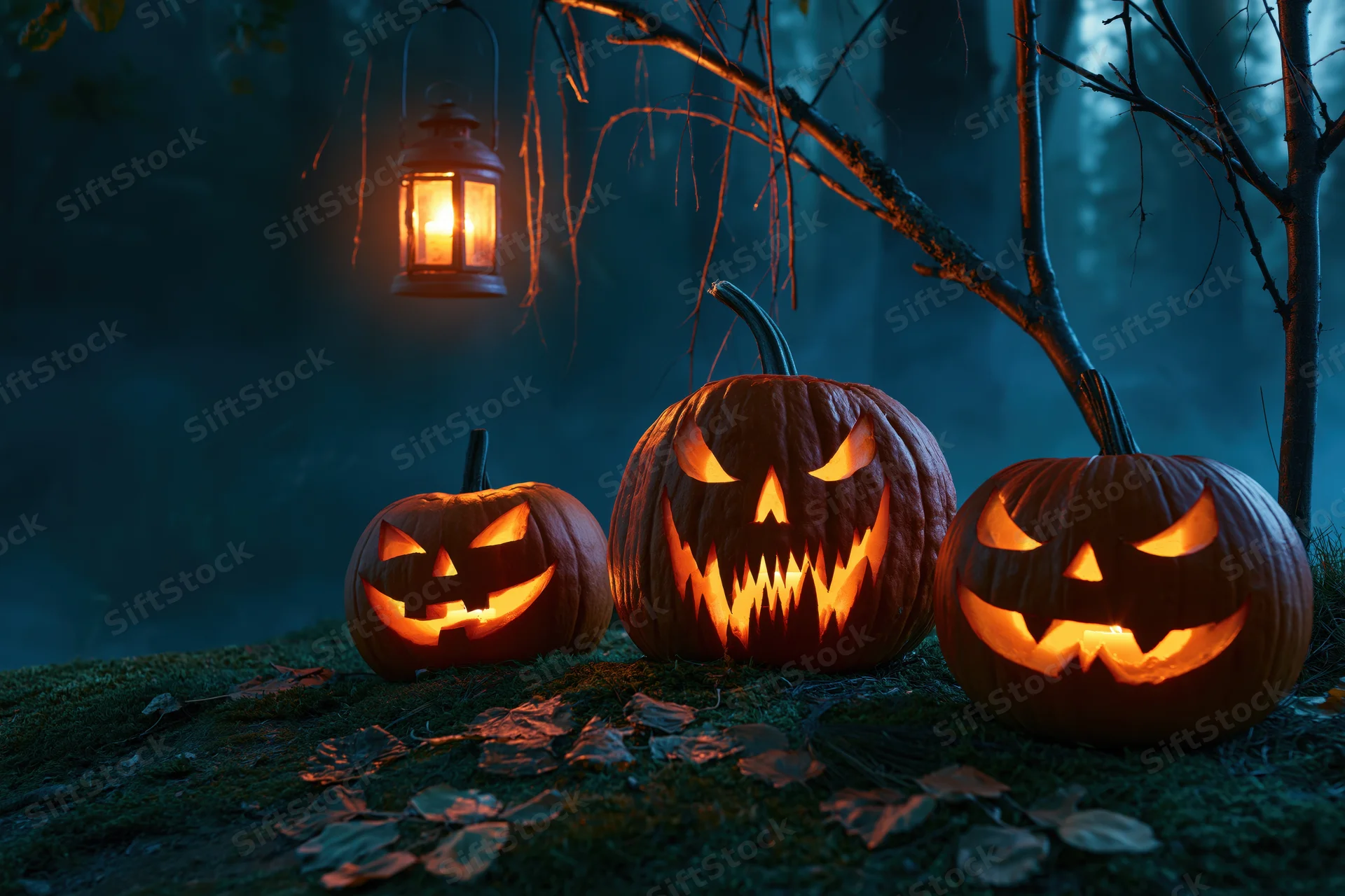 Three carved jack-o-lanterns glowing on mossy ground in a dark forest at night with a hanging lantern
