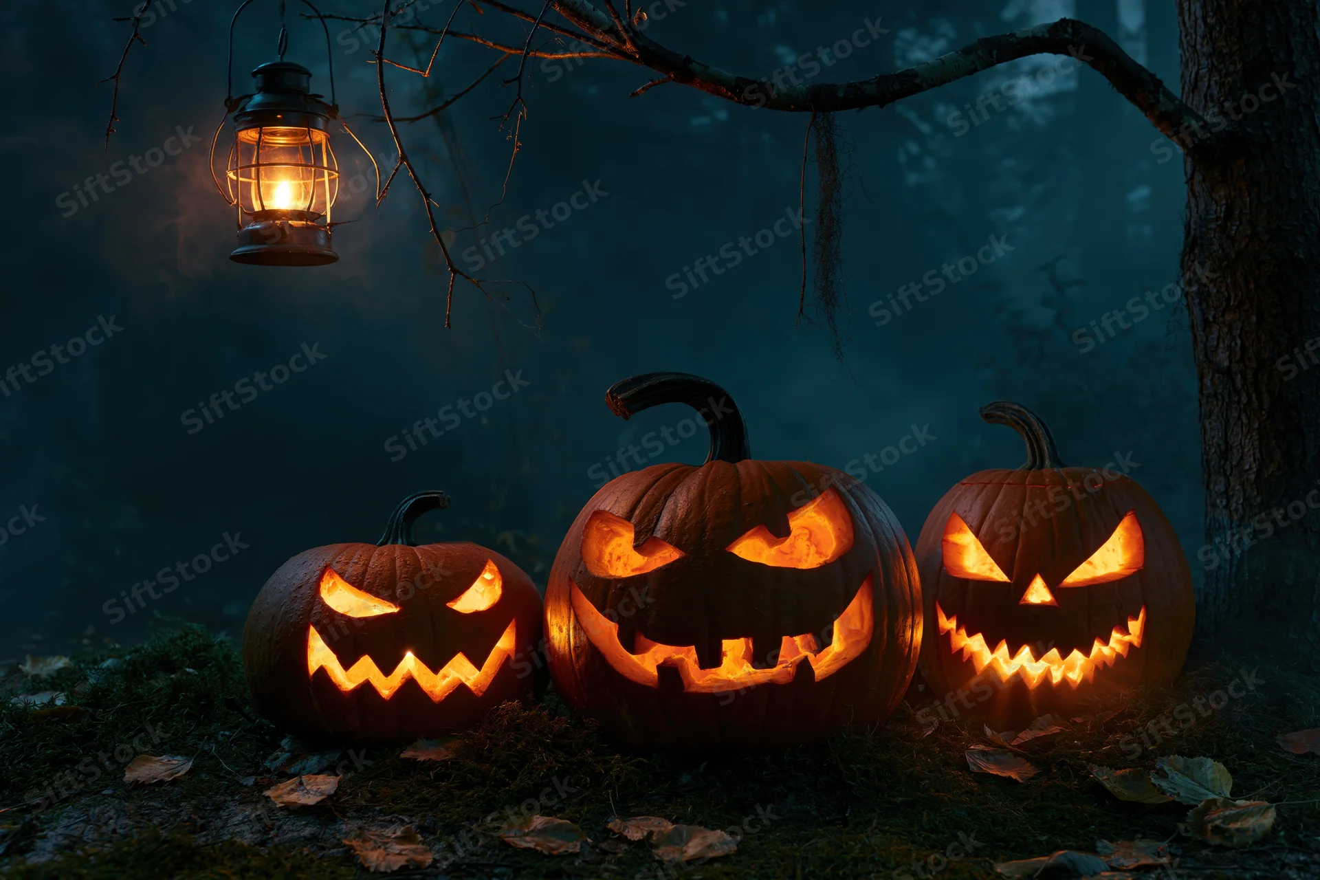 Three carved jack-o-lanterns glowing orange at night in a misty forest under a hanging lantern