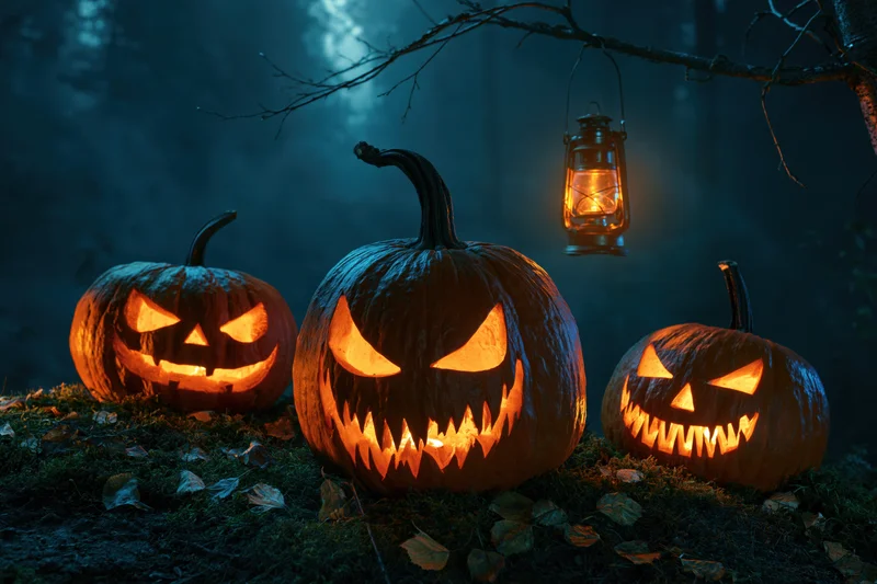 Three carved jack-o-lanterns glowing orange in a dark forest at night with a hanging lantern and mossy ground