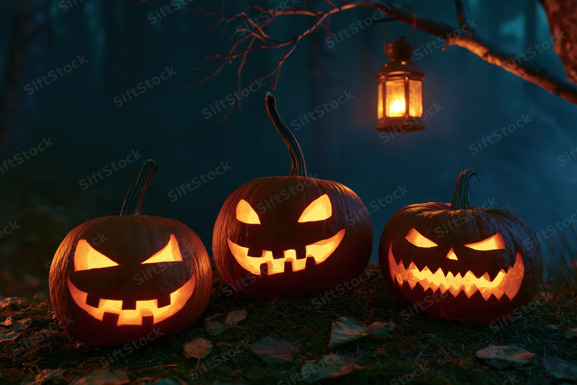 Three carved jack-o-lanterns glowing orange on mossy ground in a dark forest at night with a hanging lantern