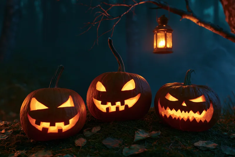 Three carved jack-o-lanterns glowing orange on mossy ground in a dark forest at night with a hanging lantern