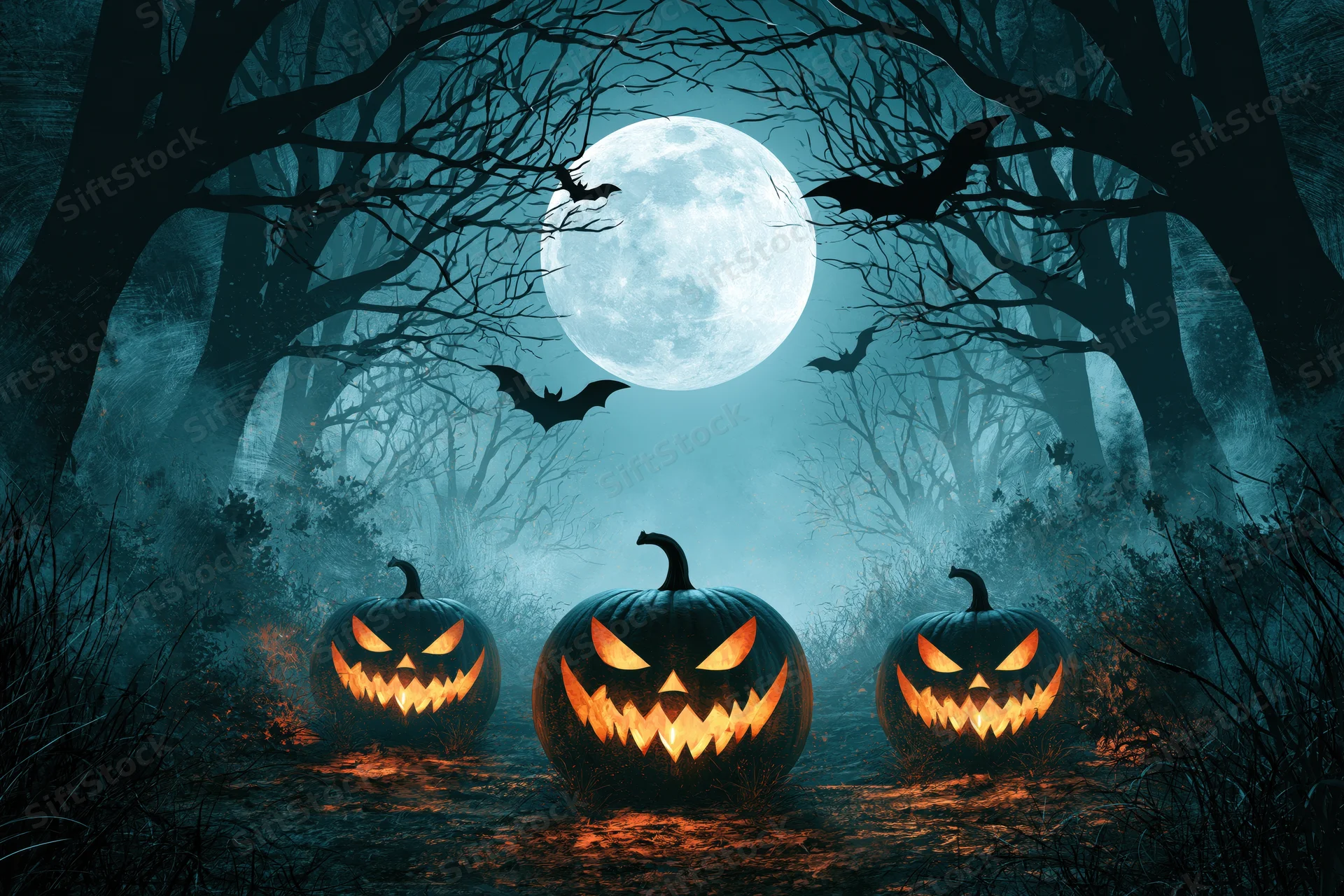 Three carved jack-o-lanterns glowing on a forest path at night under a full moon