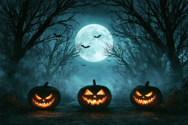 Three carved jack-o-lanterns glowing on a forest path under a full moon