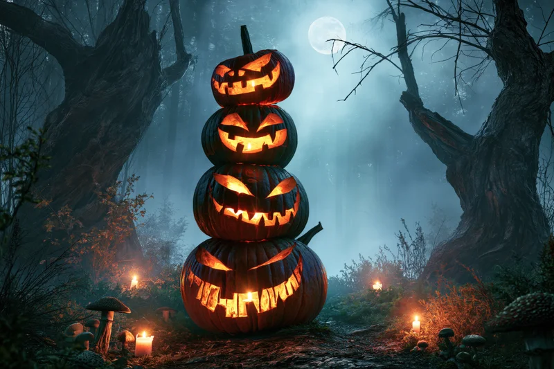 Stacked carved pumpkins glowing in a foggy forest at night with full moon and mushrooms