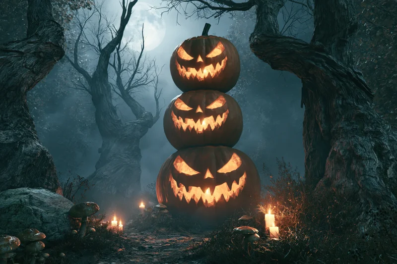Three carved jack-o-lanterns stacked and glowing in a dark forest at night with candles and mushrooms around