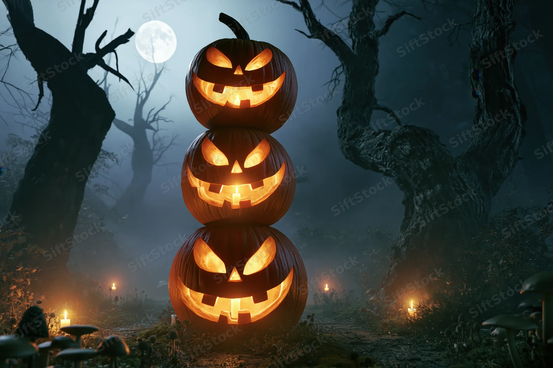 Three carved jack-o-lanterns stacked and glowing in a foggy forest at night