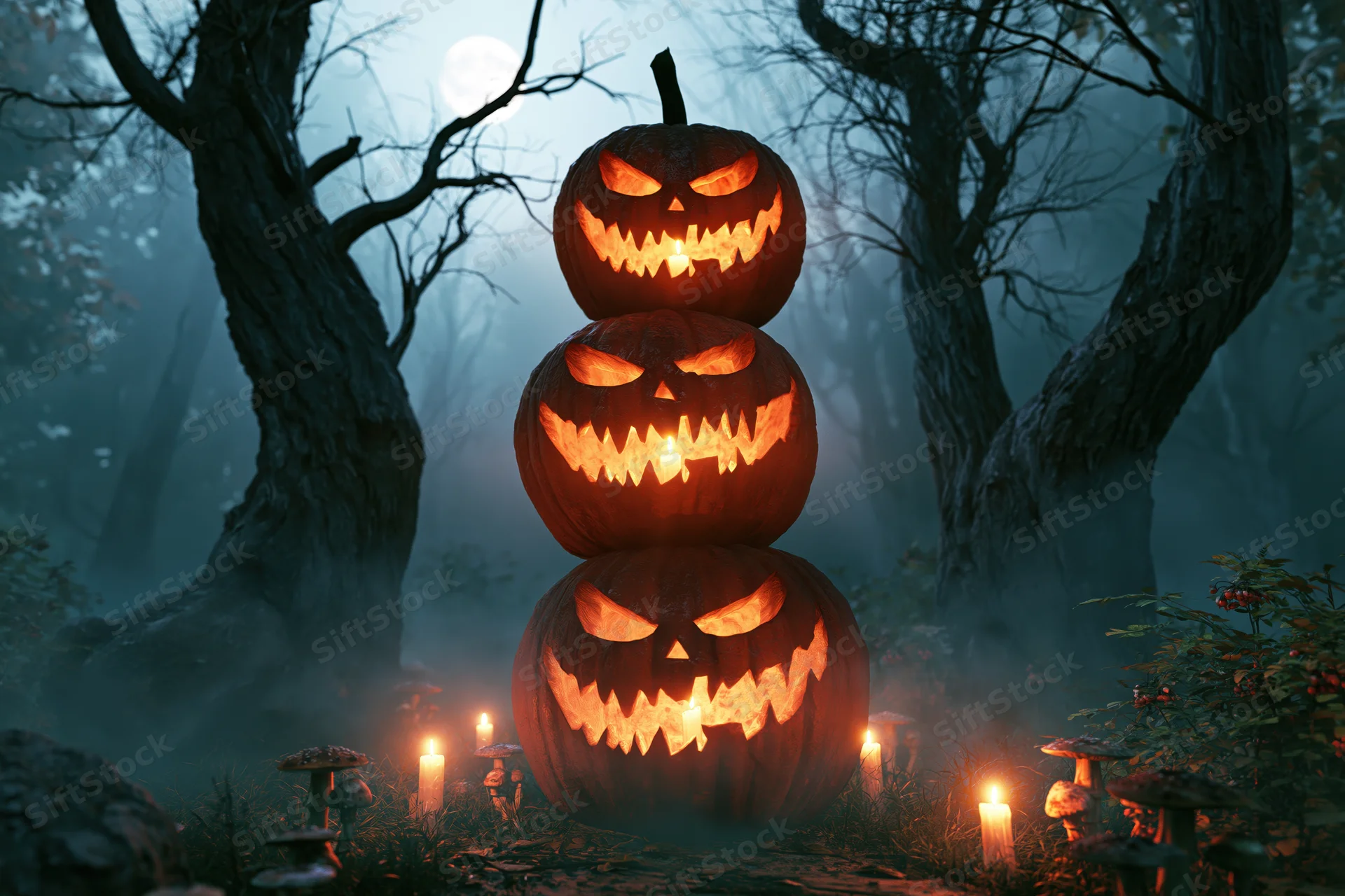 Three carved jack-o-lanterns stacked and glowing in a foggy forest at night