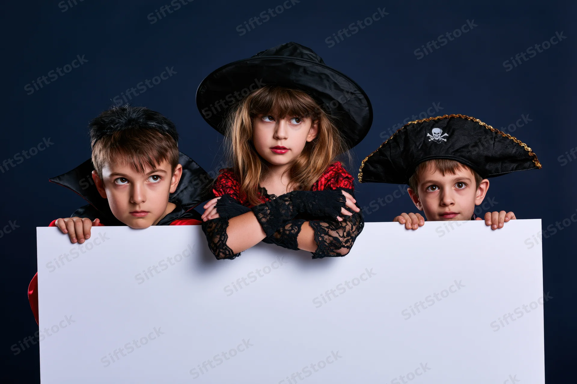 Three children in halloween costumes peeking over a blank white board