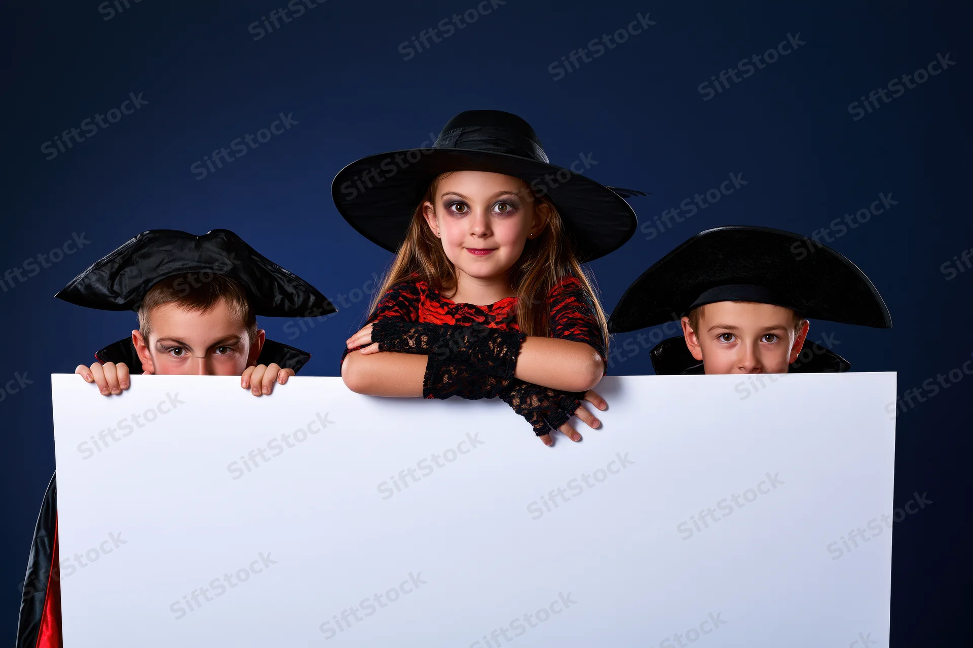 Three children in halloween costumes peeking over a blank white banner in a studio setting