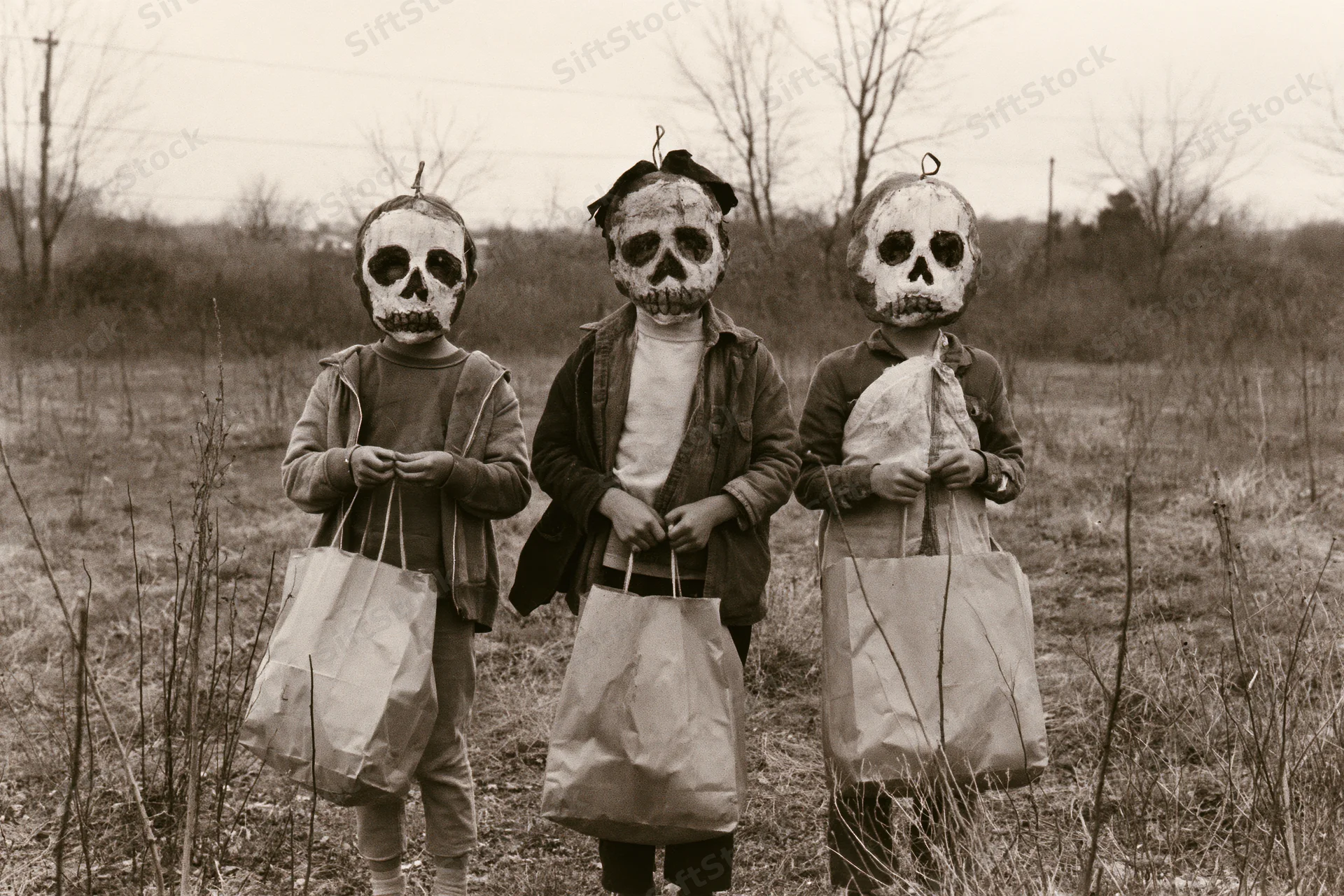 Three children in handmade skull masks holding paper bags in a rural field during halloween