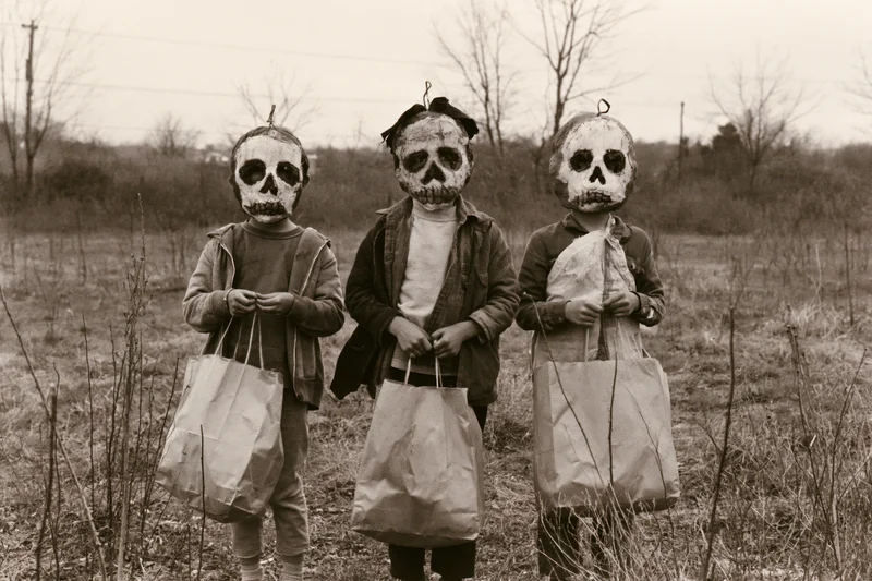 Three children in handmade skull masks holding paper bags in a rural field during halloween