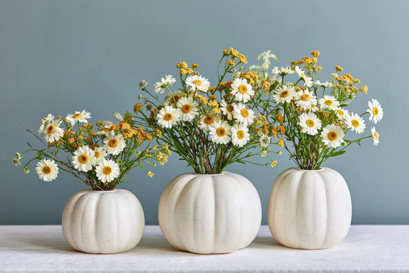 Three cream ceramic pumpkin vases with daisy and yellow flowers arranged on a table