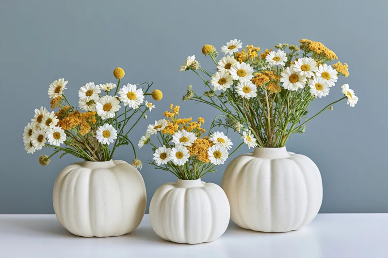 Three cream ceramic pumpkin vases with daisies and yellow flowers arranged on a white table against a gray wall