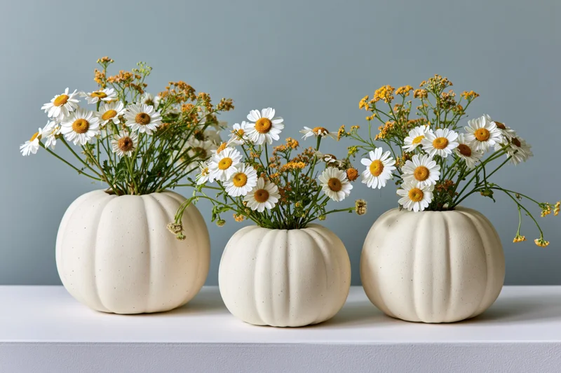 Three cream ceramic pumpkin vases with daisies and yellow flowers arranged on a white table against a gray background