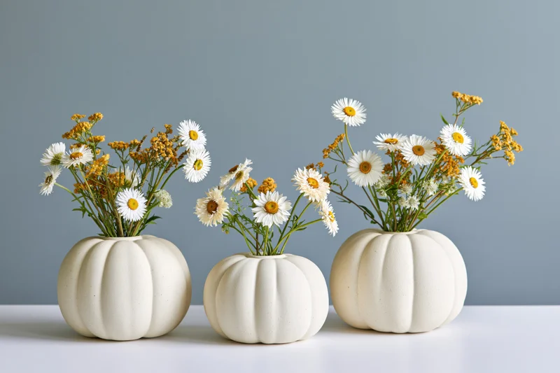 Three cream ceramic pumpkin vases with daisies and yellow flowers arranged in a row on a white surface against a gray background