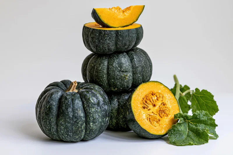 Dark green kabocha squash stacked in a tower with cut pieces and leaves on white background