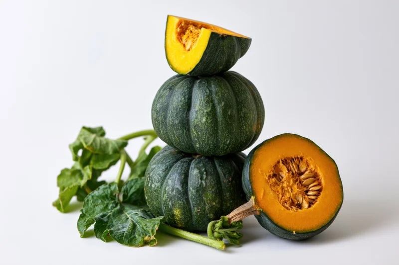 Stacked kabocha squash with cut pieces and leaves on white background