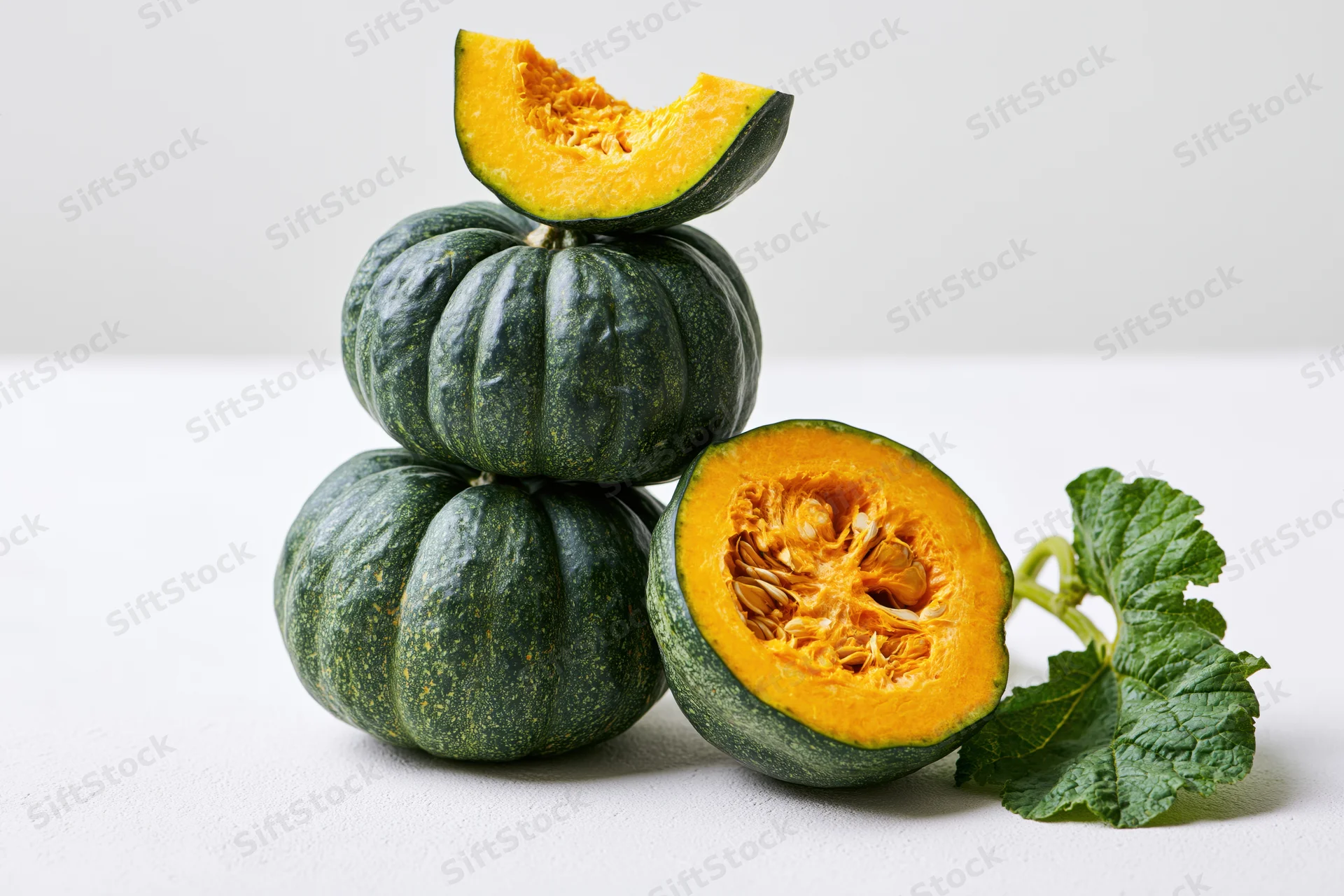 Stacked kabocha squash with cut halves and leaf on white surface