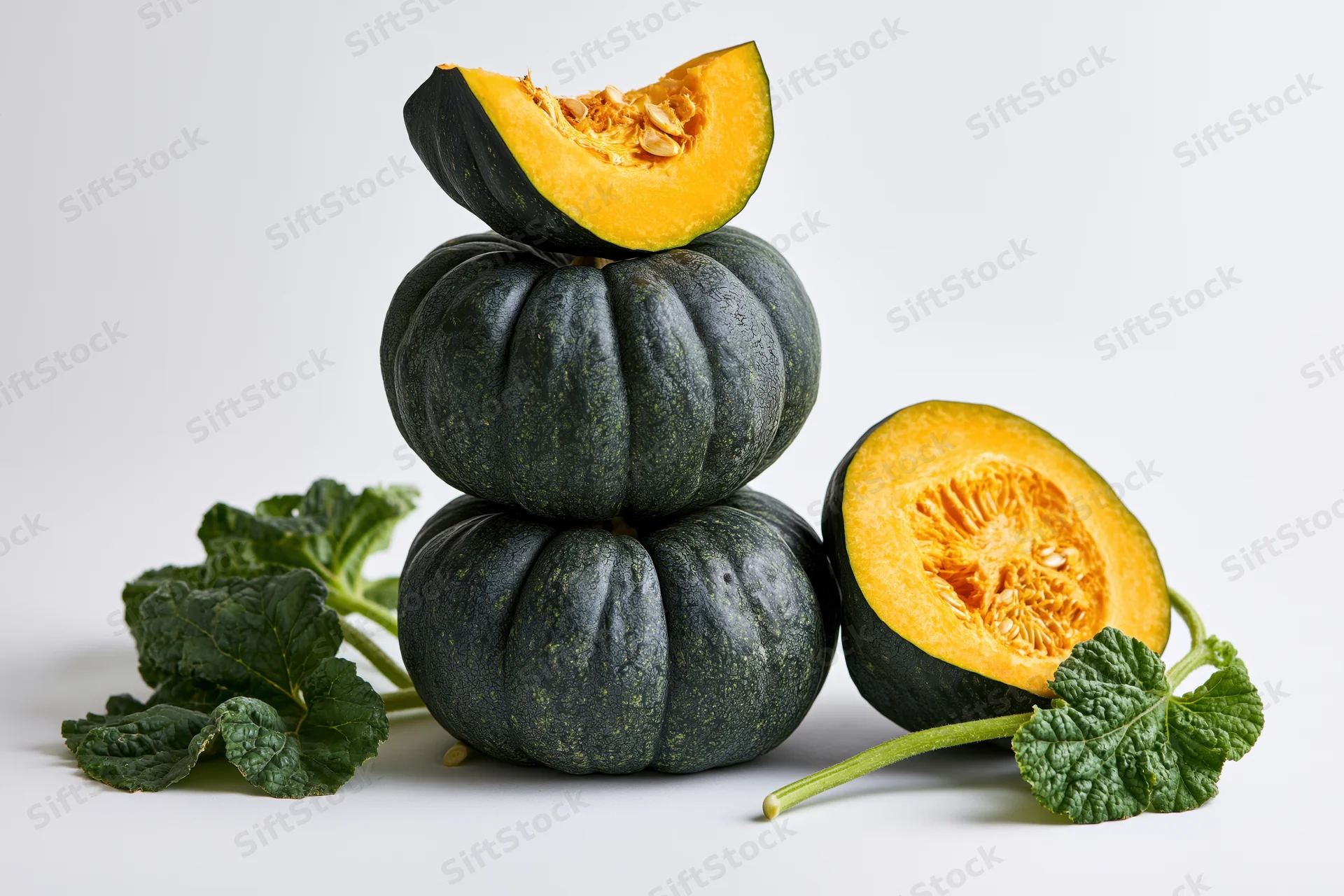 Stacked kabocha squash with cut pieces and leaves on white background