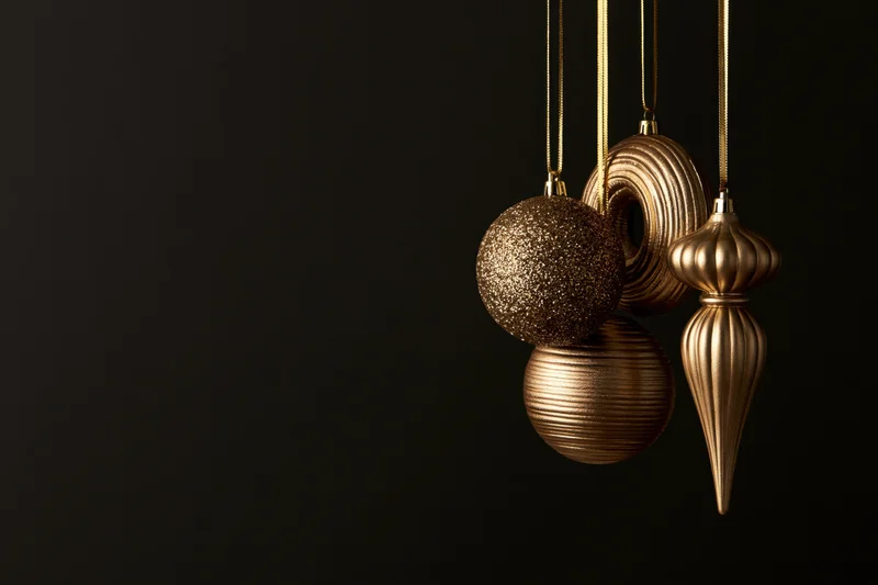 Gold christmas ornaments hanging from ribbons against black background