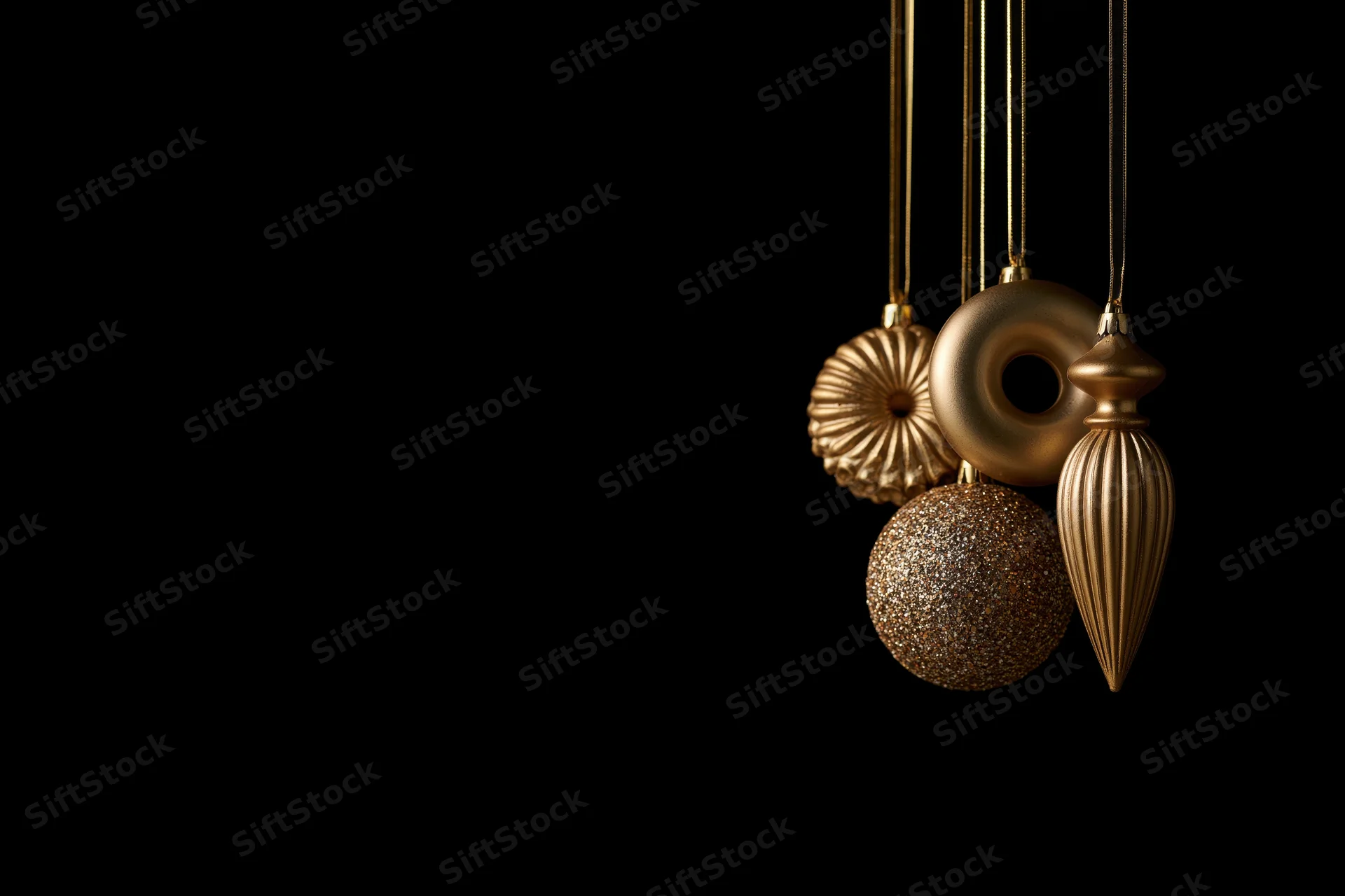 Gold christmas ornaments hanging from ribbons against black background