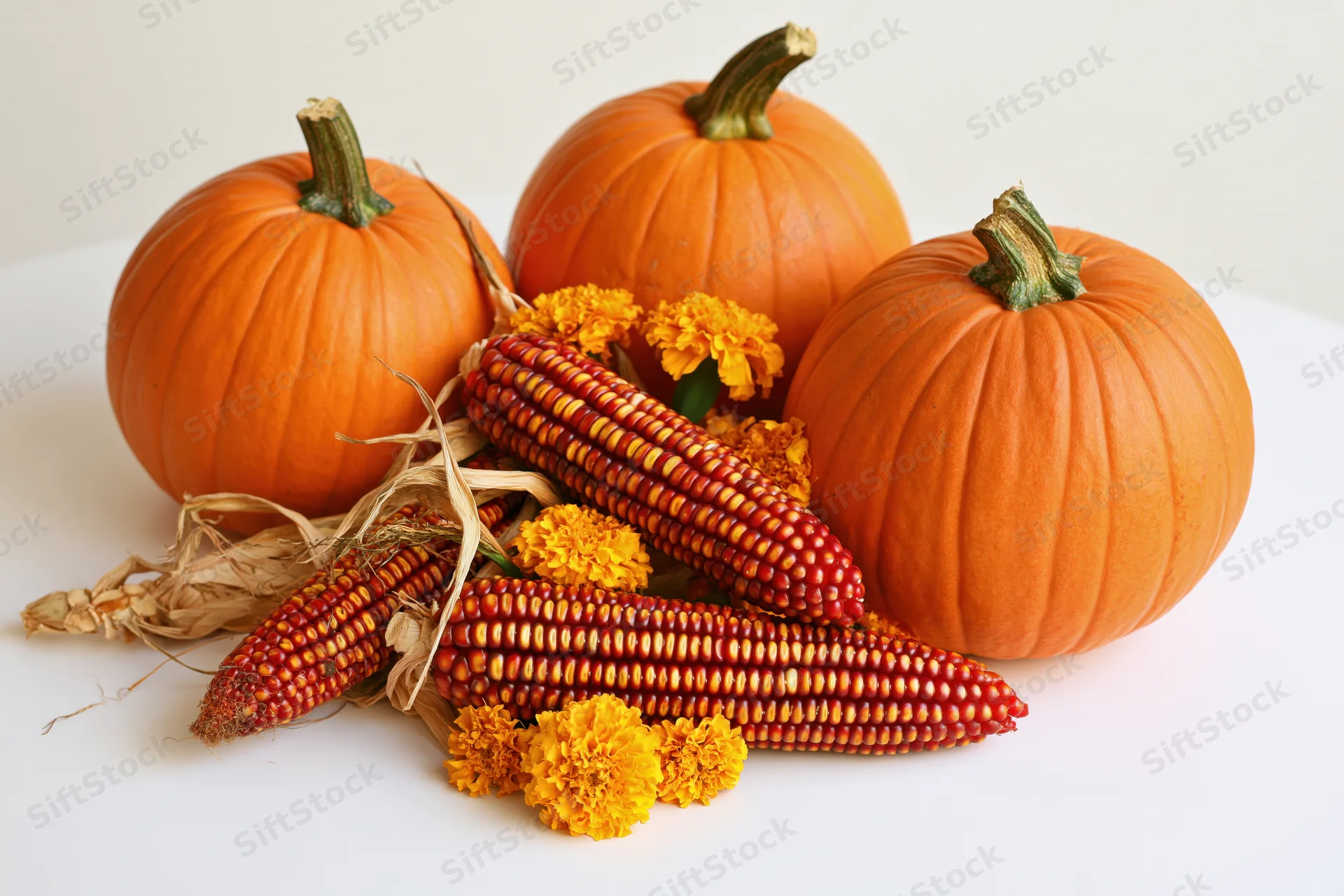 Three orange pumpkins arranged with dried corn cobs and marigolds on a white surface