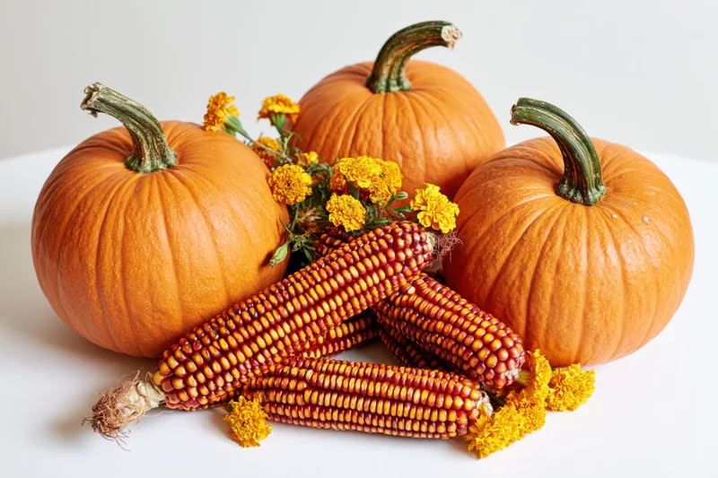 Three orange pumpkins arranged with dried corn cobs and marigold flowers on a white surface
