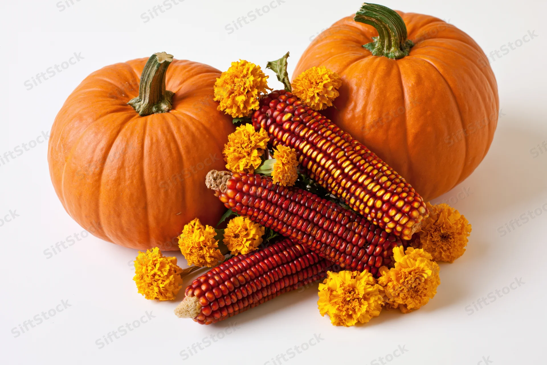 Two pumpkins and dried corn cobs with marigold flowers arranged on white surface