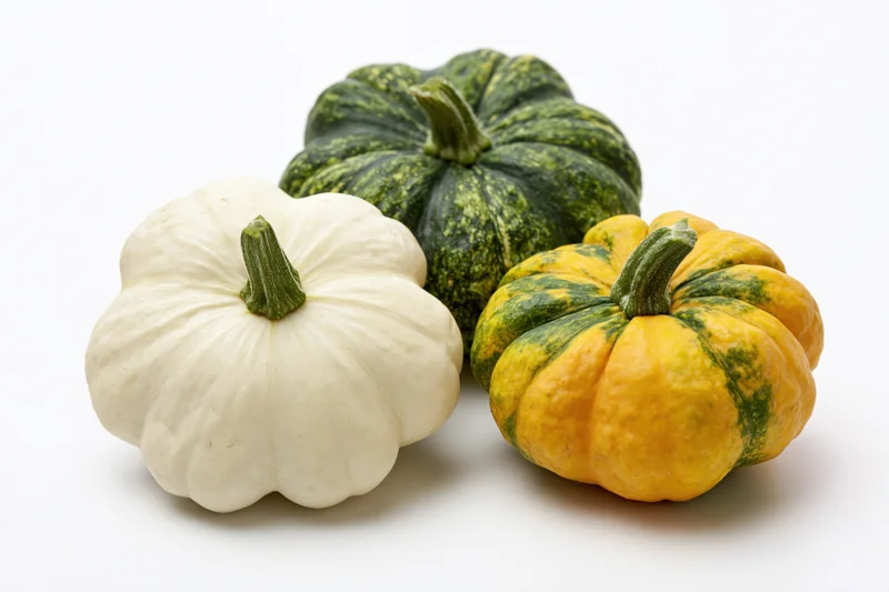 Three pattypan squash arranged together on a plain white background