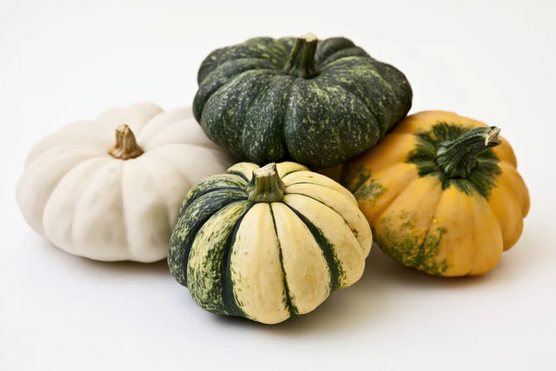 Four pattypan squash of different colors arranged on a white surface