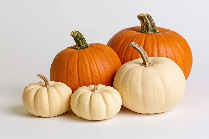 Several pumpkins of different sizes and colors arranged on a white surface