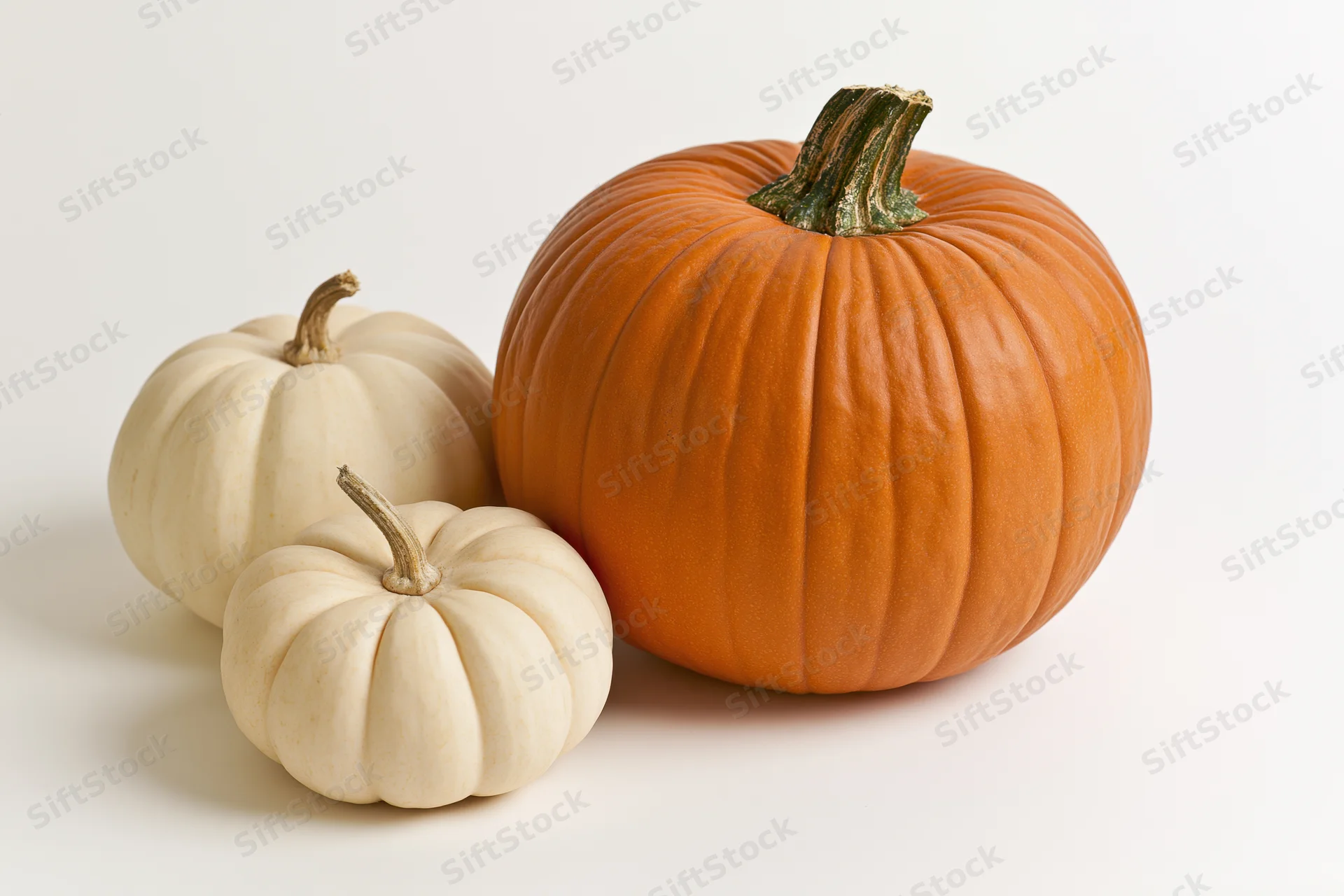 Three pumpkins of different sizes and colors arranged on a white surface