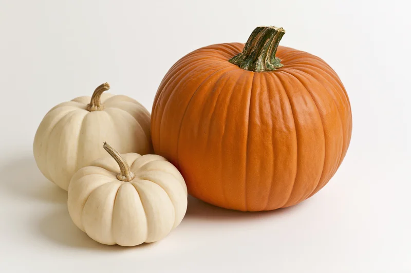 Three pumpkins of different sizes and colors arranged on a white surface