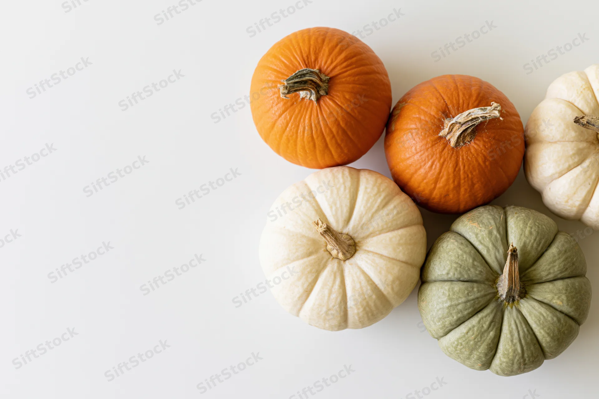 Five small decorative pumpkins arranged in upper right corner on white surface
