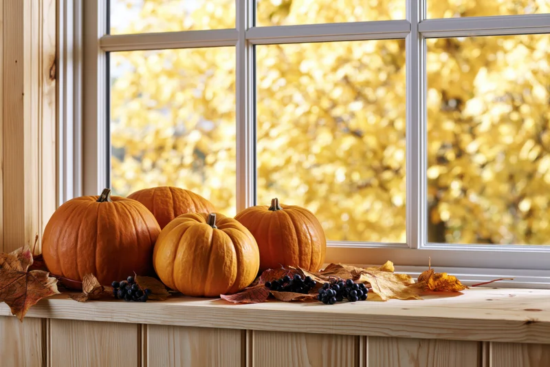 Small orange pumpkins arranged on a wooden window ledge with autumn leaves and berries, set against a window view of golden fall foliage