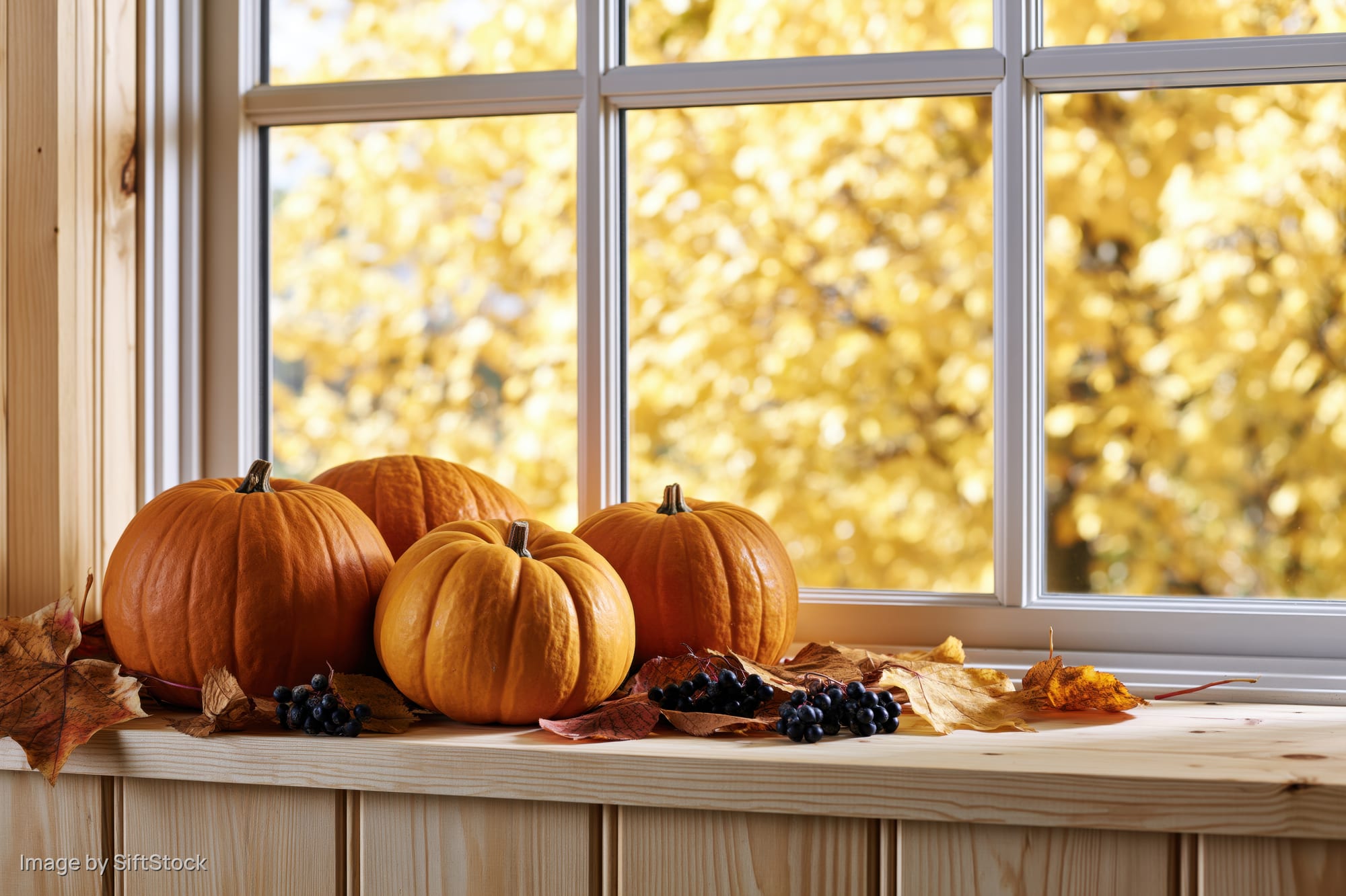 Small orange pumpkins arranged on a wooden window ledge with autumn leaves and berries, set against a window view of golden fall foliage