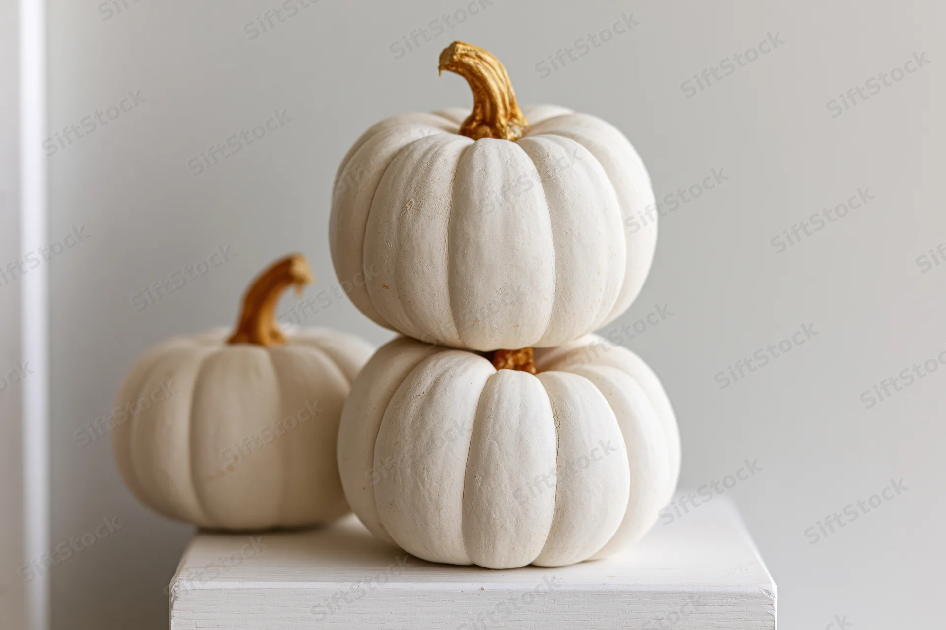 Three white pumpkins stacked on a white surface in a minimalist indoor setting