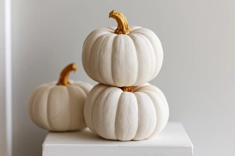 Three white pumpkins stacked on a white surface in a minimalist indoor setting