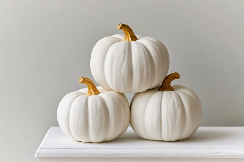 Three white pumpkins stacked on a white shelf